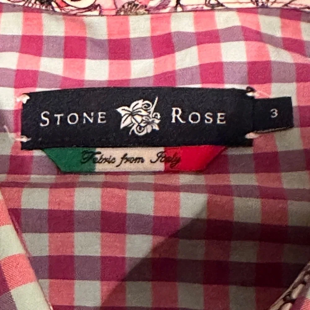 Stone Rose Gingham Button Down Shirt Pink Floral Trim Cotton Men's Size 3 Medium - Picture 3 of 9